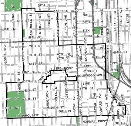 Englewood Neighborhood TIF district, roughly bounded on the north by Garfield Boulevard, Marquette Road on the south, Lafayette Avenue on the east, and Loomis Boulevard on the west.